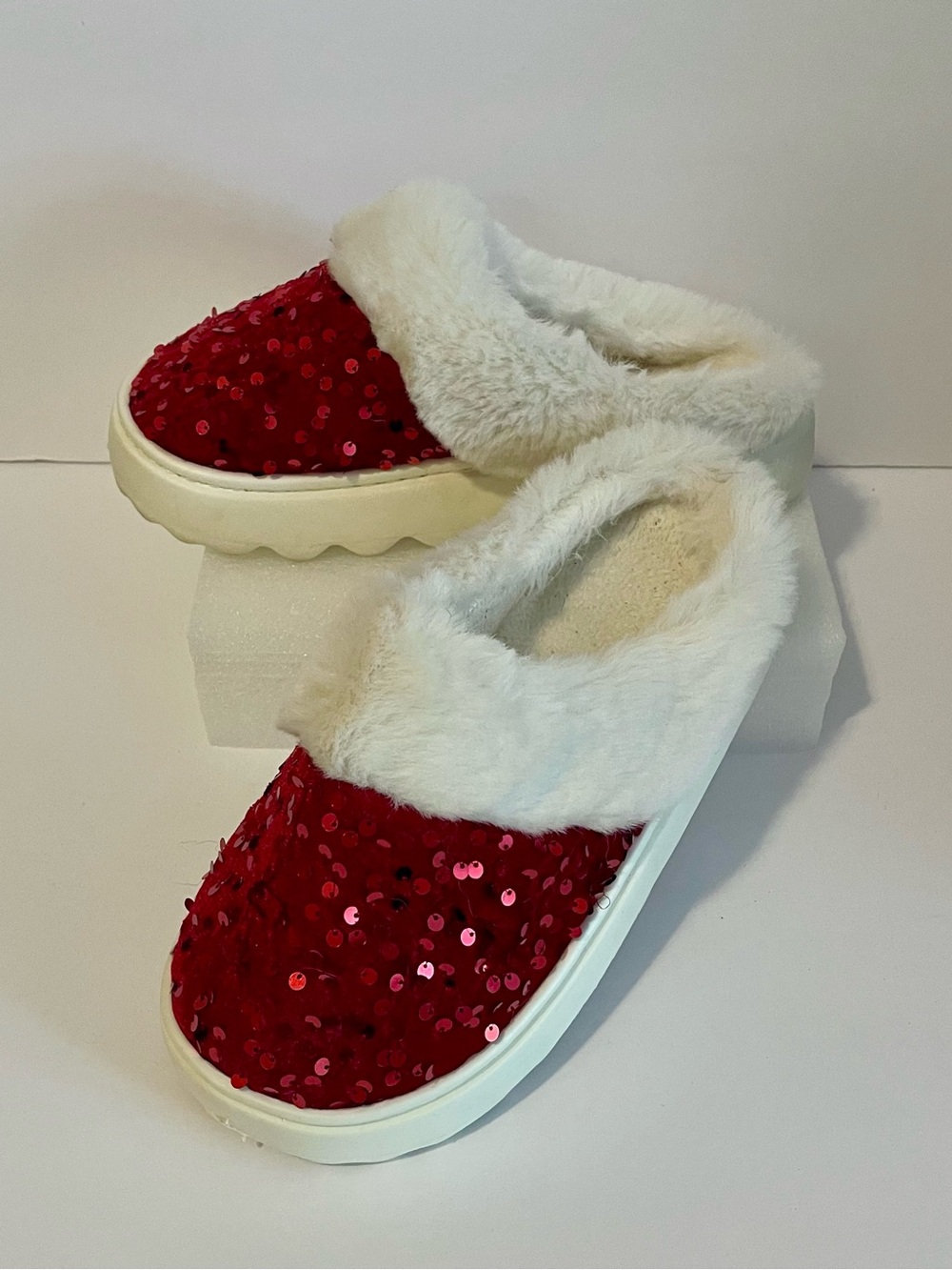 Red Sequin Faux-Fur Lined Slip-On Slippers